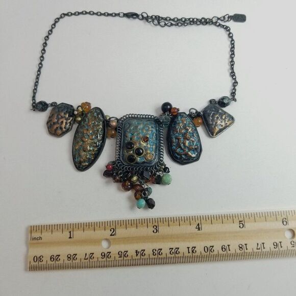 Vintage Chunky Boho Black and Blue Collar Necklace, Beaded Fringe, Bold - Picture 3 of 4